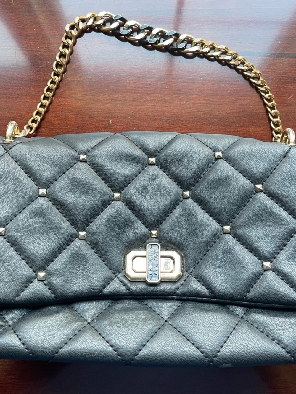 Badgley Mischka Black Quilted Chain Shoulder Bag Studded Flap Purse